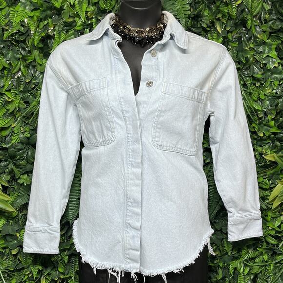 ZARA Top Women Small Blue Jeans Oversized Denim Blouse Button Distressed 2573 - Picture 6 of 7